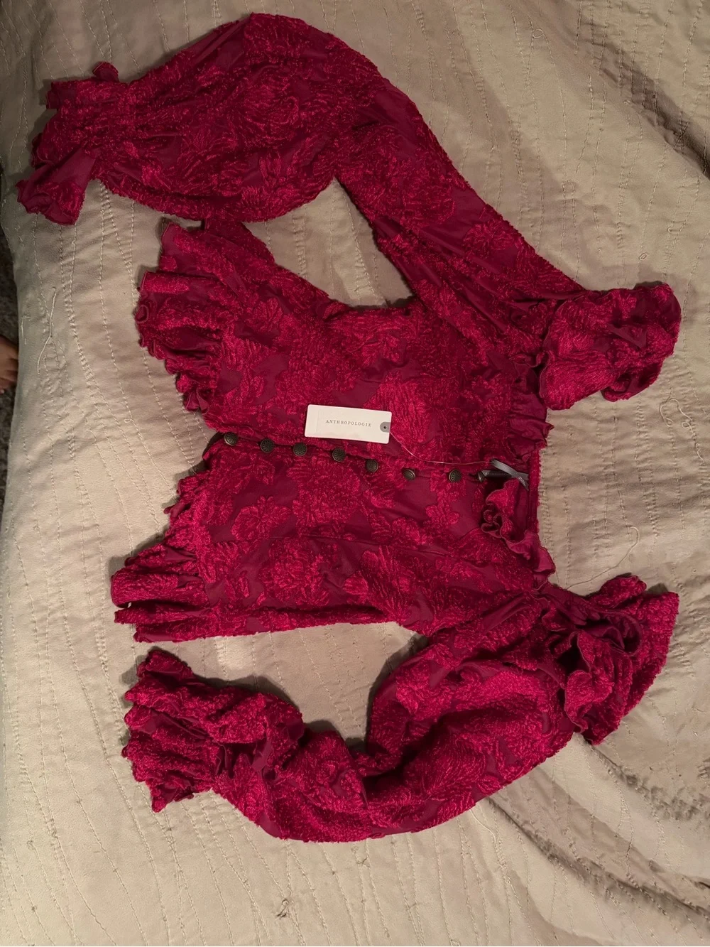 Anthropologie Red Textured Lace Puff-Sleeve Crop Blouse